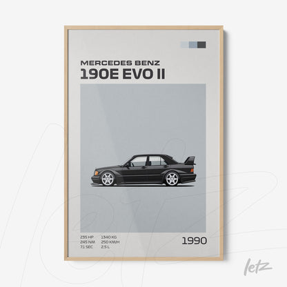 quadro em moldura de madeira clara com ilustração do carro Mercedes Benz 190E EVO II, fundo cinza e detalhes em texto