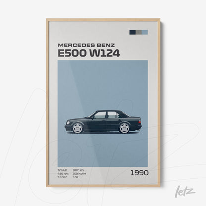 quadro com arte minimalista do carro Mercedes Benz E500 W124 em moldura de madeira clara