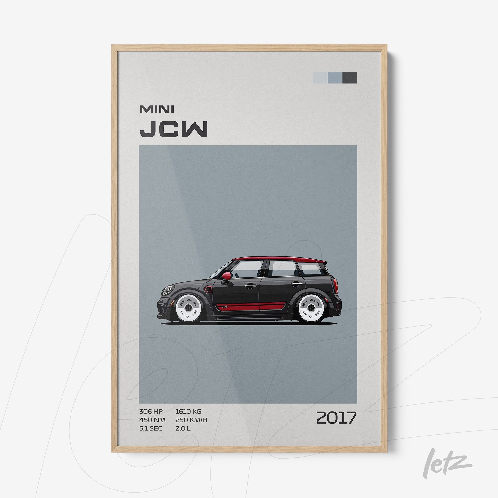 quadro com ilustração de carro Mini John Cooper Works em fundo cinza com moldura clara