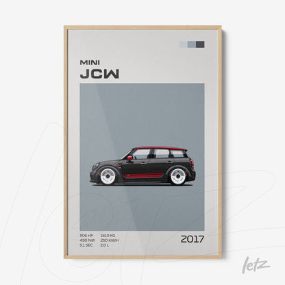 quadro com ilustração de carro Mini John Cooper Works em fundo cinza com moldura clara