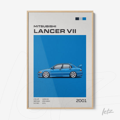quadro com ilustração estilizada do Mitsubishi Lancer VII em fundo azul com moldura clara