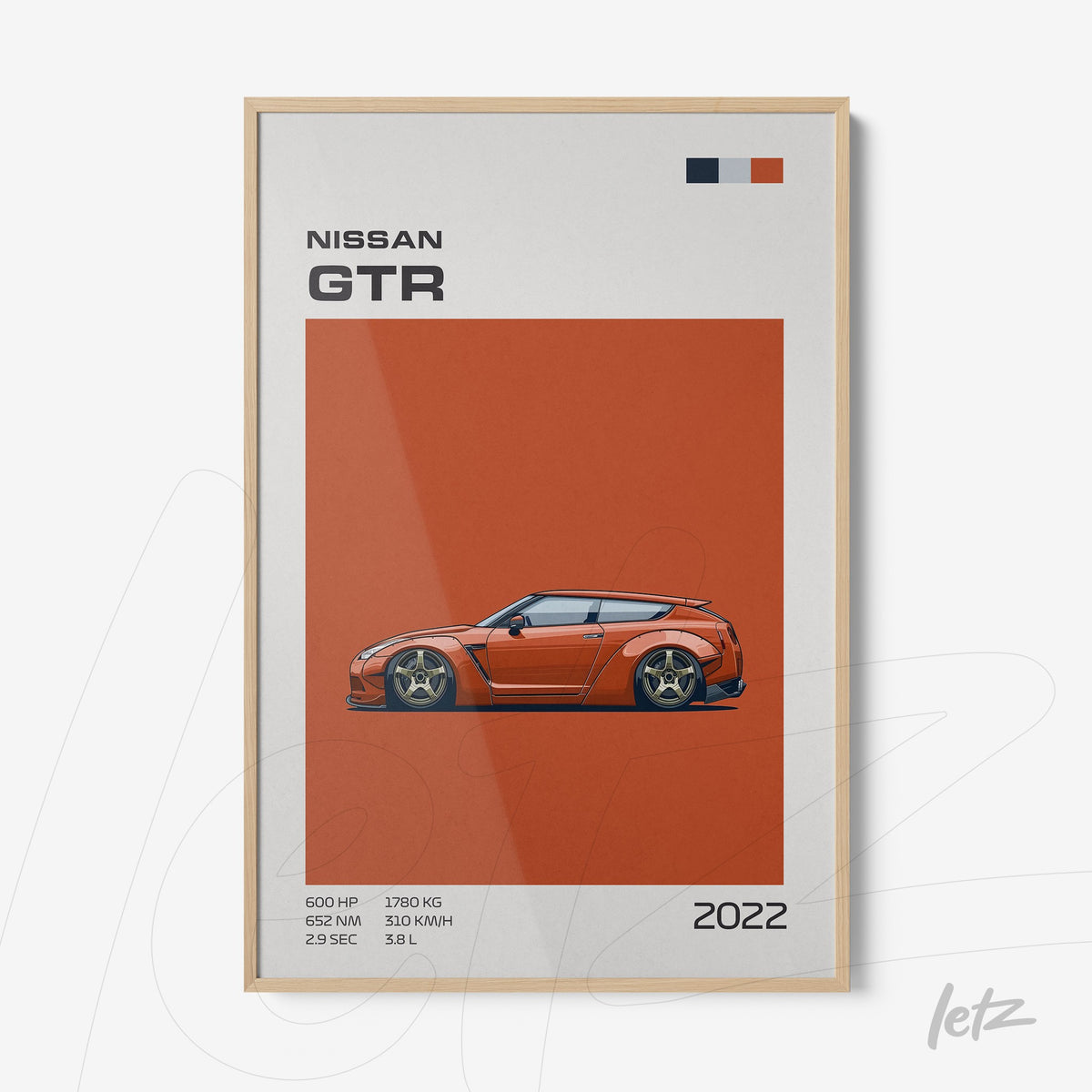 quadro com arte digital de um carro esportivo Nissan GTR em fundo laranja e moldura natural