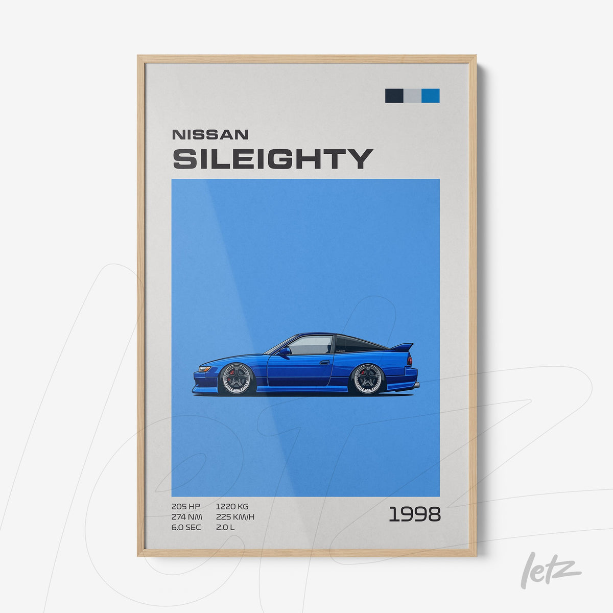 quadro com ilustração do carro Nissan Sil80 em fundo azul vibrante e moldura de madeira clara
