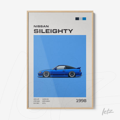 quadro com ilustração do carro Nissan Sil80 em fundo azul vibrante e moldura de madeira clara