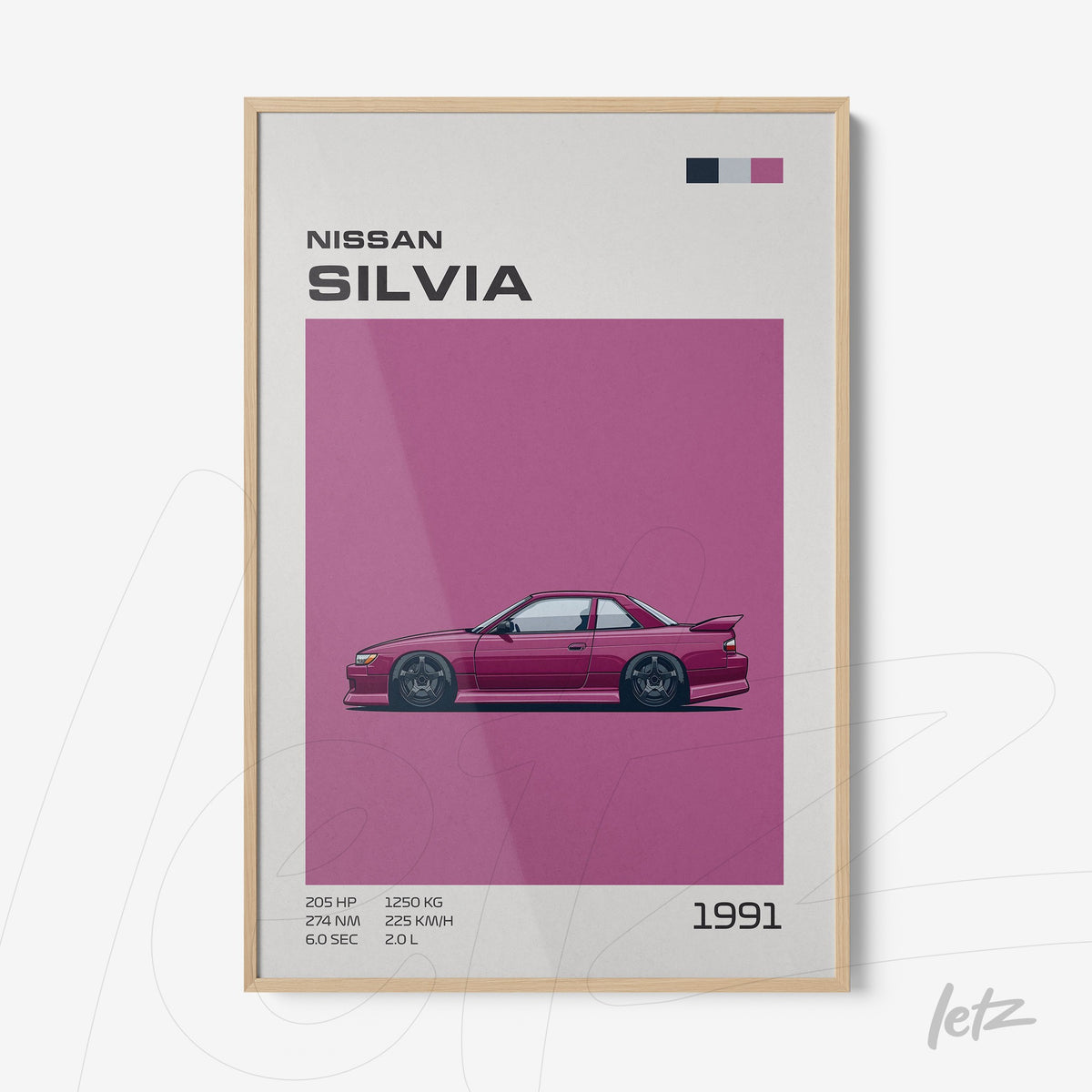 quadro com ilustração do carro Nissan Silvia em fundo rosa com moldura clara