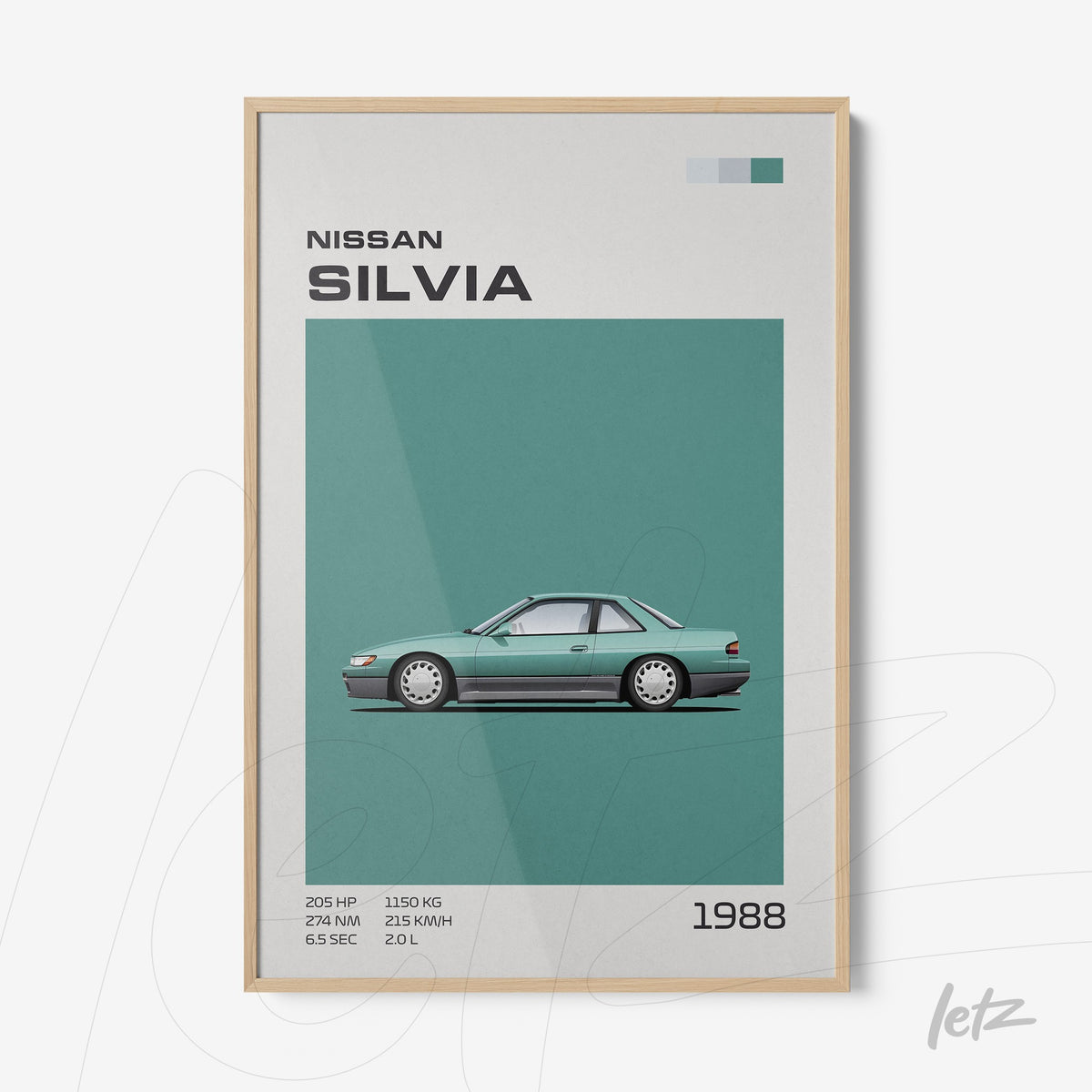 quadro com arte minimalista do carro Nissan Silvia de 1988 em moldura de madeira clara