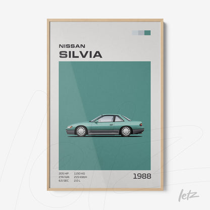 quadro com arte minimalista do carro Nissan Silvia de 1988 em moldura de madeira clara