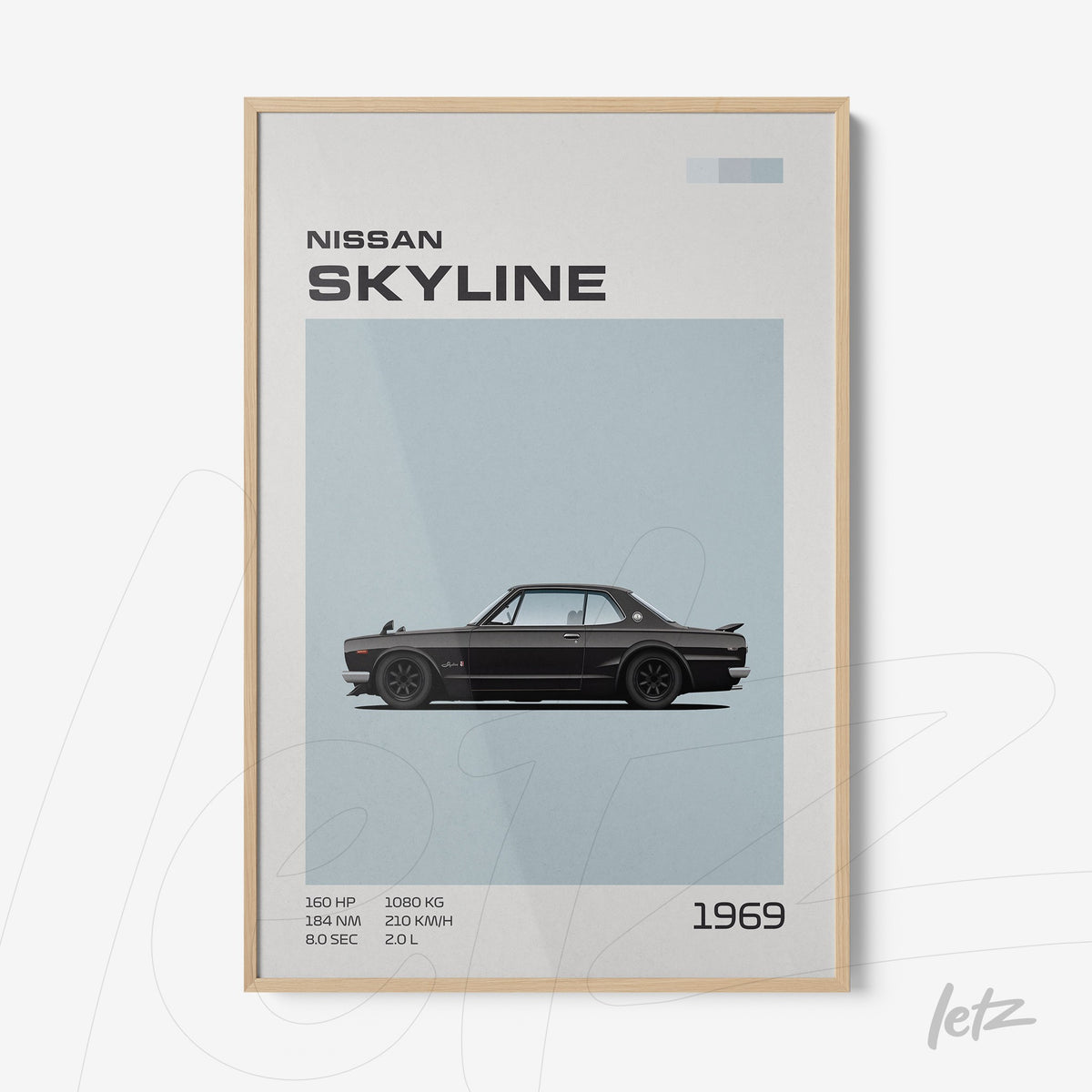quadro com ilustração minimalista do carro Nissan Skyline 1969 em moldura de madeira clara