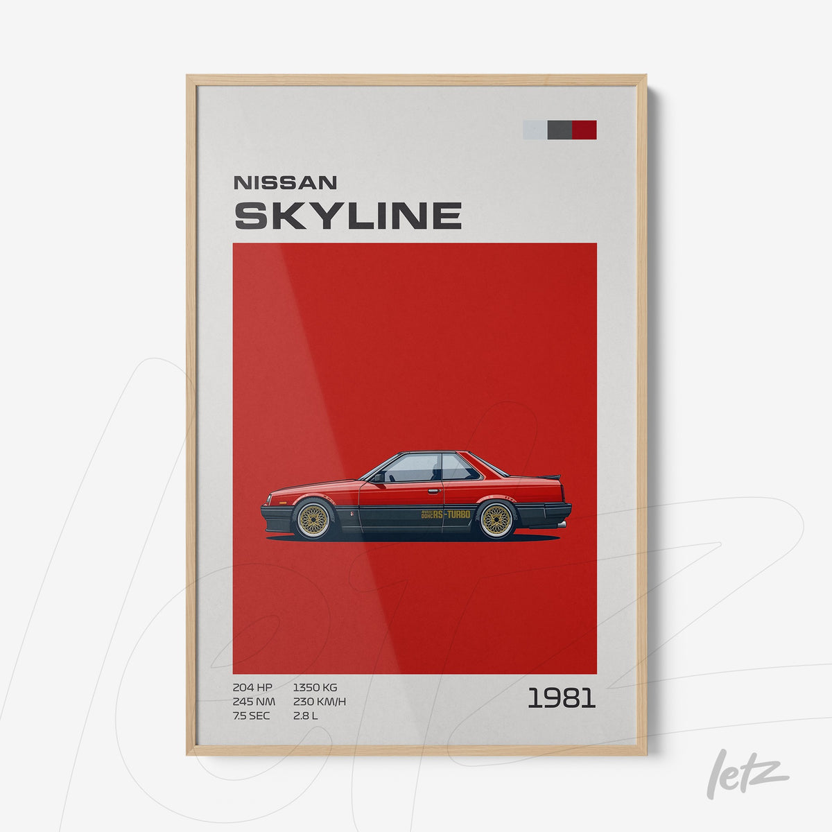 quadro com ilustração do carro Nissan Skyline de 1981 em fundo vermelho e moldura de madeira clara