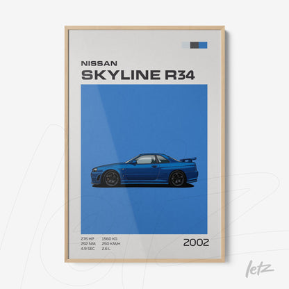 quadro com arte digital do carro Nissan Skyline R34 em moldura de madeira clara com fundo azul