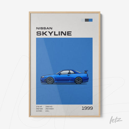 quadro com arte digital do carro Nissan Skyline de 1999 em moldura de madeira natural