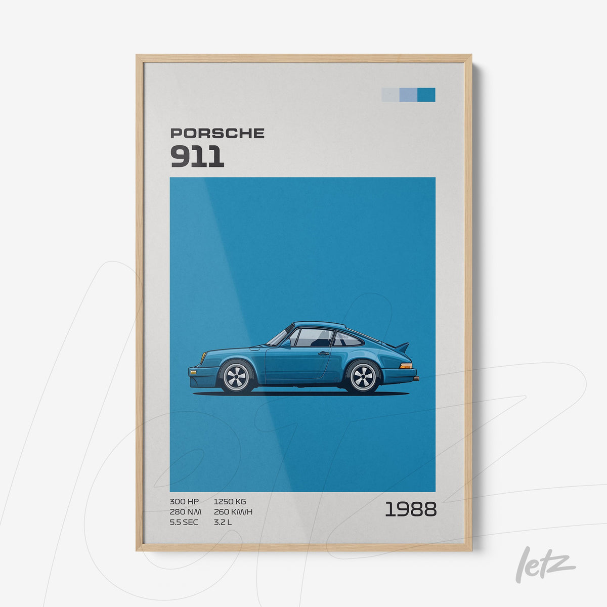 quadro com arte minimalista de um carro Porsche 911 em azul com moldura clara