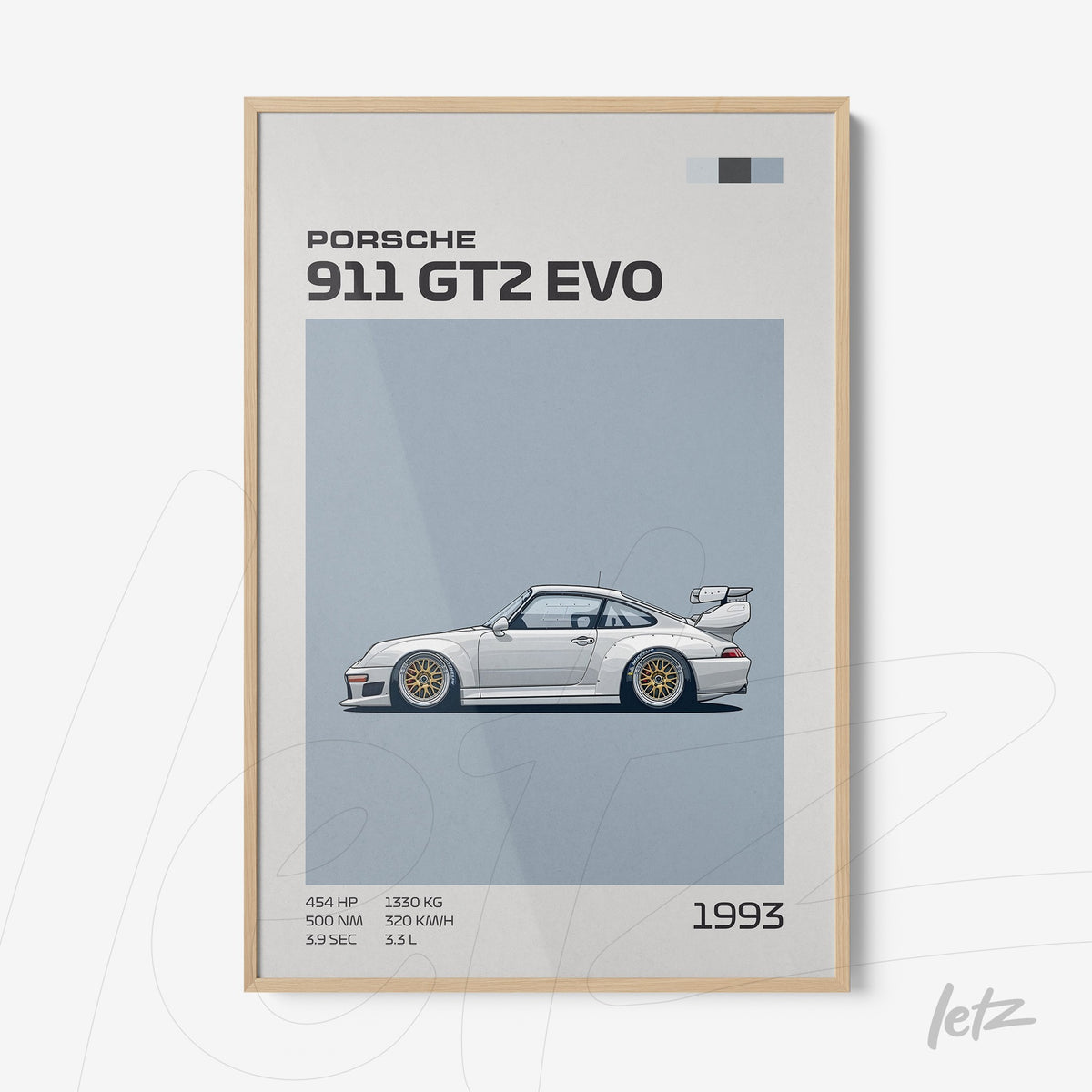 quadros decorativos com ilustração do Porsche 911 GT2 Evo em moldura de madeira clara