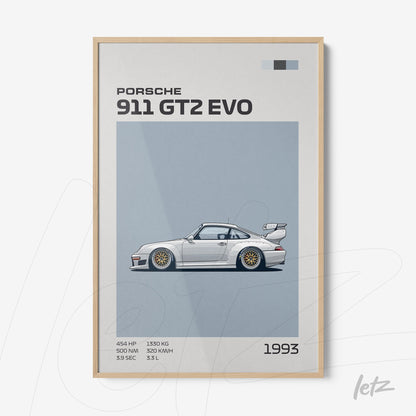 quadros decorativos com ilustração do Porsche 911 GT2 Evo em moldura de madeira clara