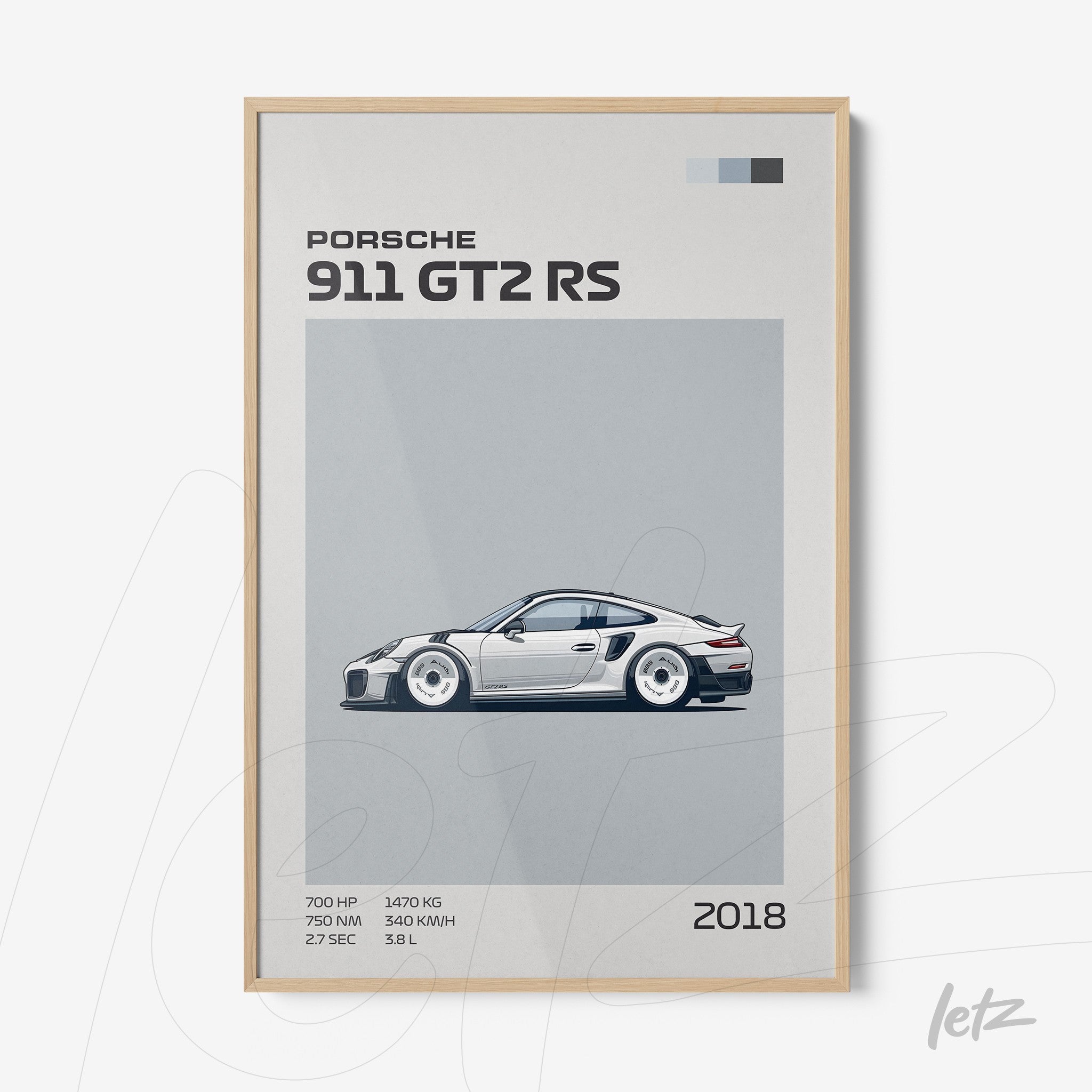 quadro com ilustração minimalista do carro Porsche 911 GT2 RS em moldura de madeira clara
