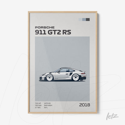 quadro com ilustração minimalista do carro Porsche 911 GT2 RS em moldura de madeira clara