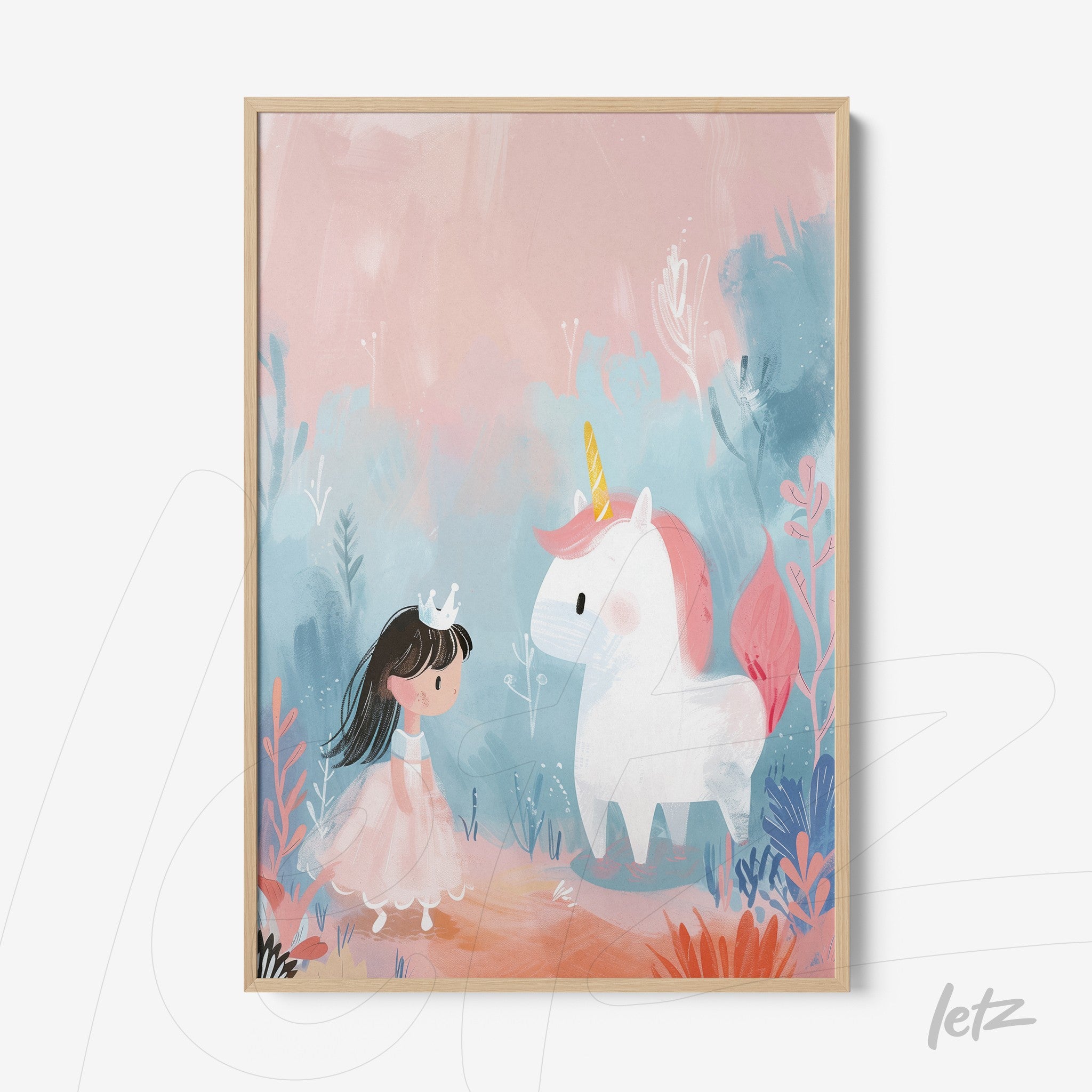 quadro com arte infantil de menina em vestido rosa conversando com unicórnio em fundo pastel