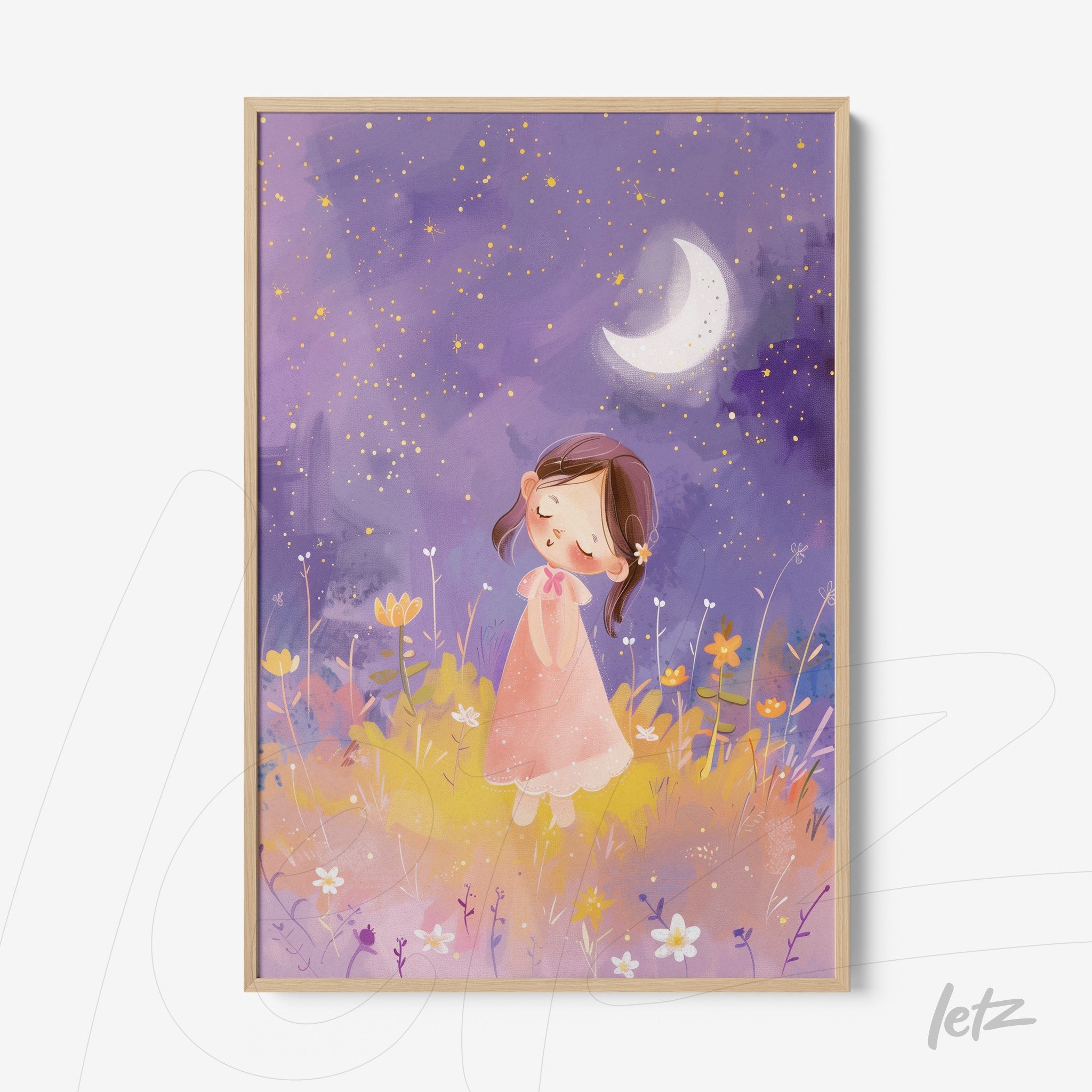 quadro com ilustração delicada de uma menina em meio a flores sob um céu estrelado com lua crescente, moldura em madeira clara