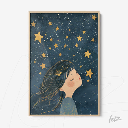 quadro com ilustração de menina sonhando sob um céu estrelado, moldura clara