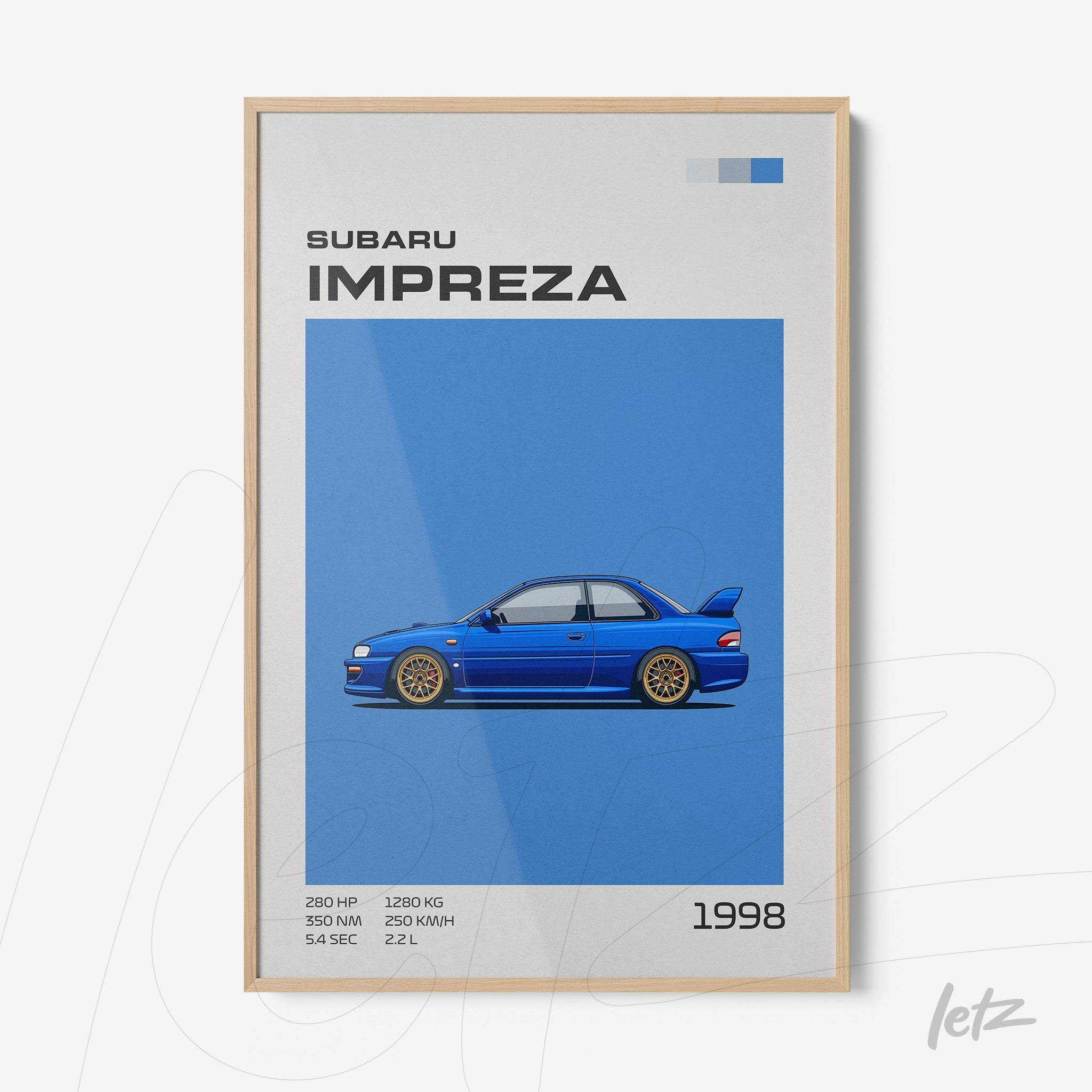 quadro com ilustração de carro Subaru Impreza em fundo azul e moldura de madeira clara