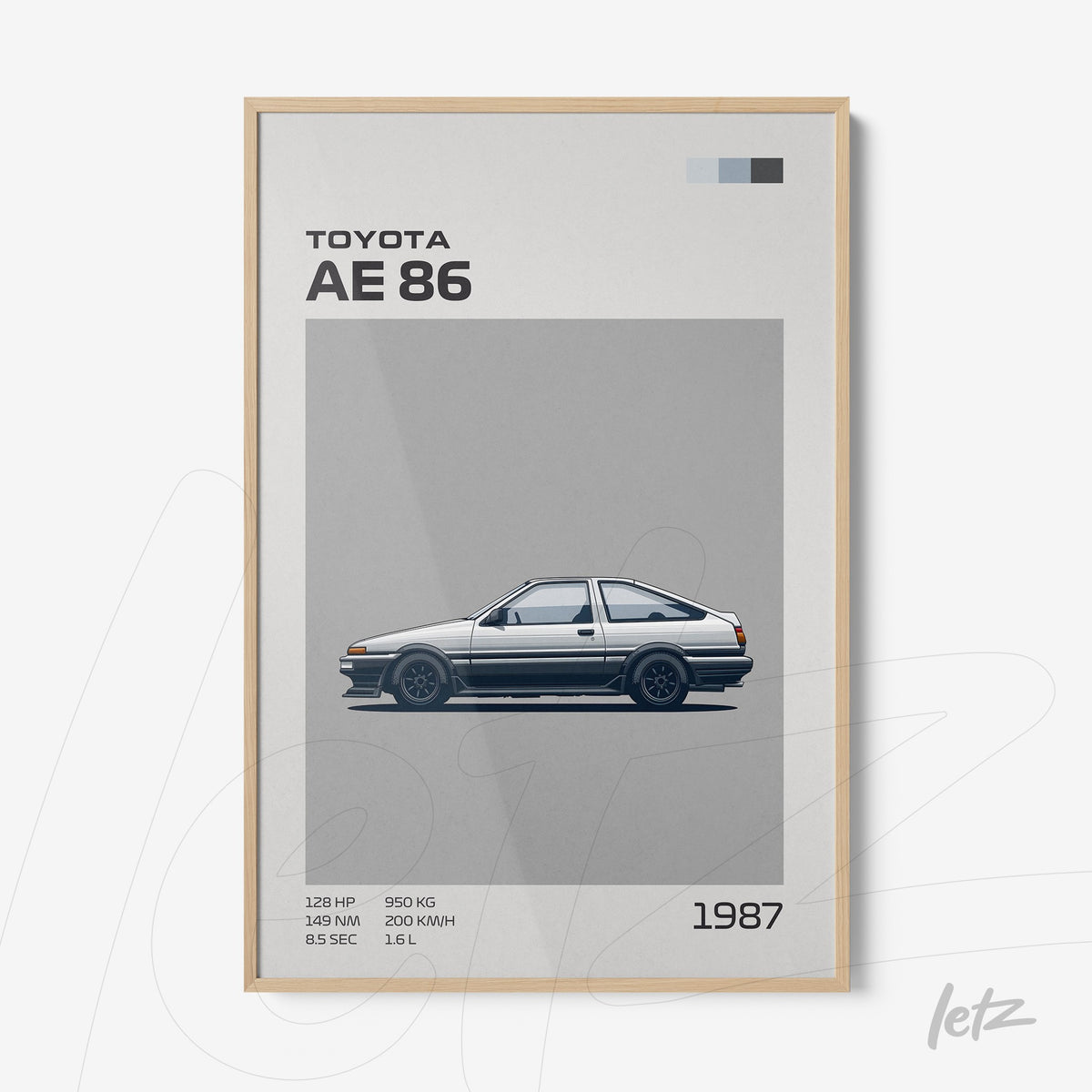 quadro com ilustração do carro Toyota AE 86 em moldura de madeira clara com fundo cinza