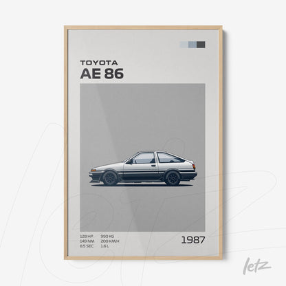 quadro com ilustração do carro Toyota AE 86 em moldura de madeira clara com fundo cinza