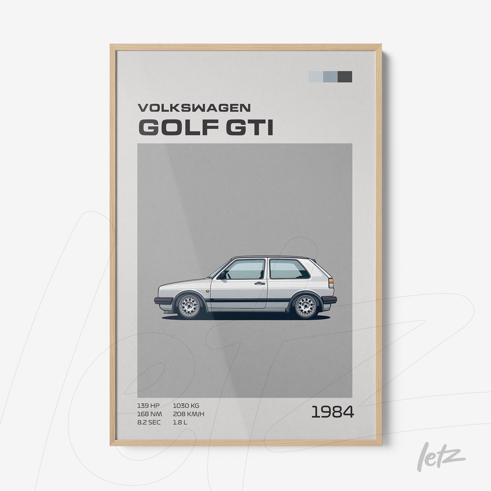 quadro com ilustração do carro Volkswagen Golf GTI de 1984 em moldura clara