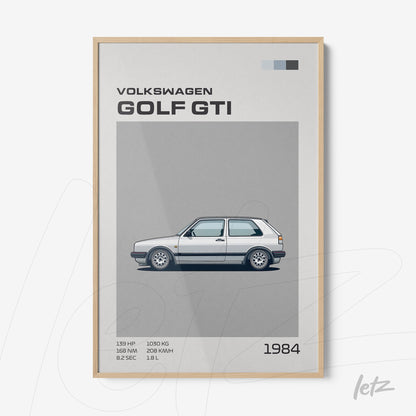 quadro com ilustração do carro Volkswagen Golf GTI de 1984 em moldura clara