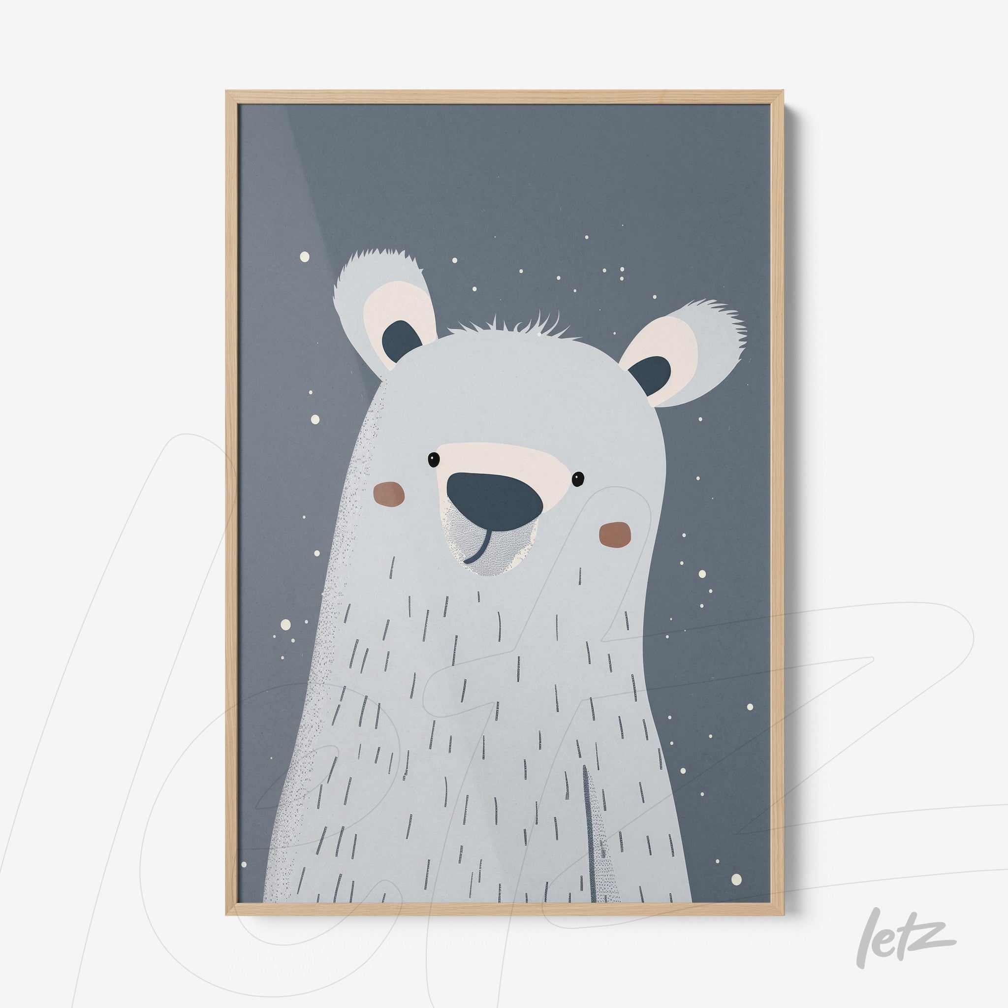 pôster com ilustração estilizada de urso polar sobre fundo azul escuro emoldurado em madeira clara