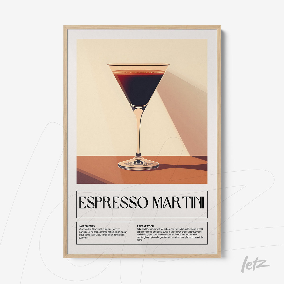quadro com arte minimalista de drink espresso martini em moldura clara com fundo neutro