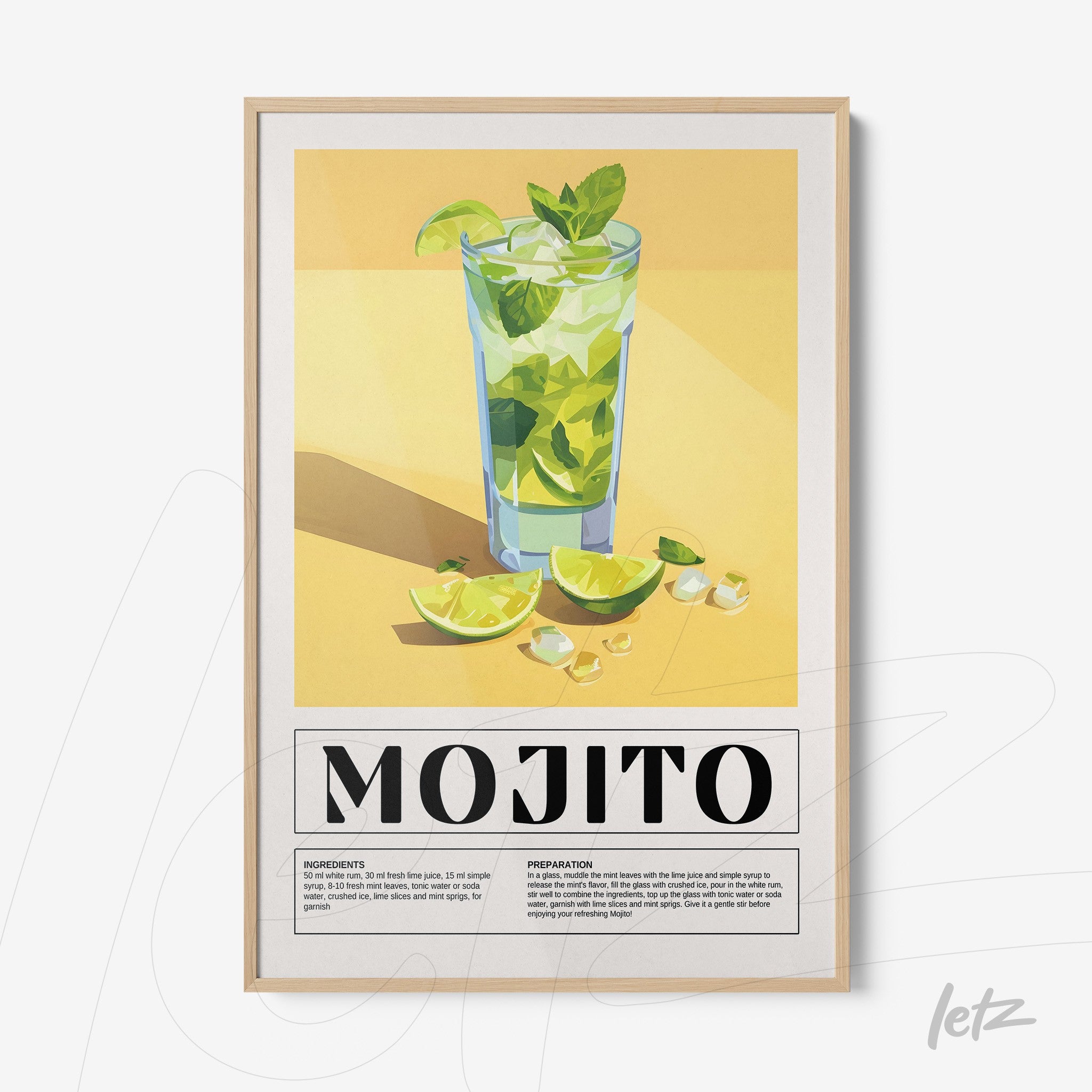 quadro com arte digital de mojito em copo alto rodeado de limões e gelo, moldura clara sobre fundo amarelo