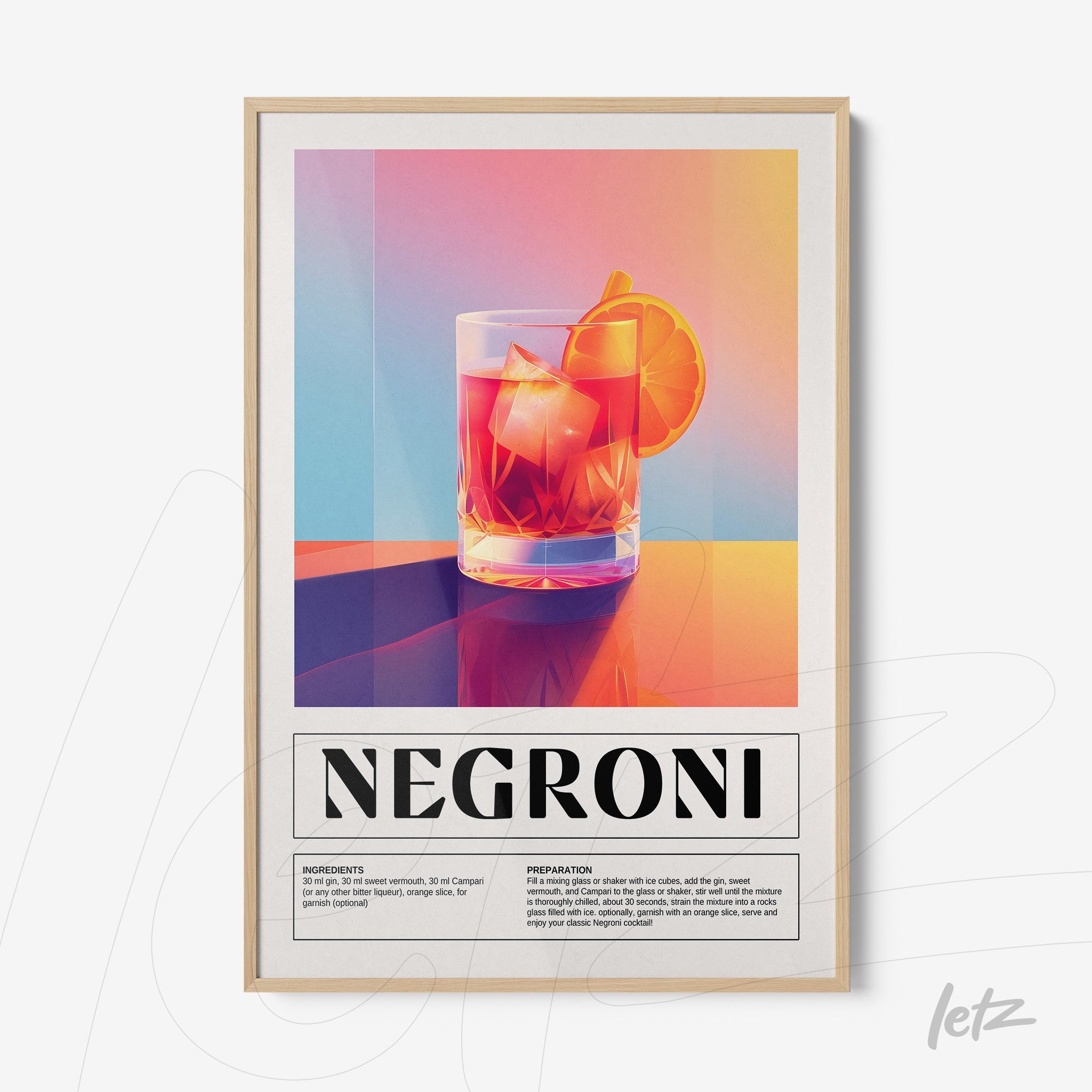 quadro com arte digital de drink negroni em moldura clara com fundo colorido