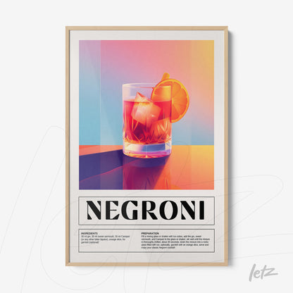 quadro com arte digital de drink negroni em moldura clara com fundo colorido