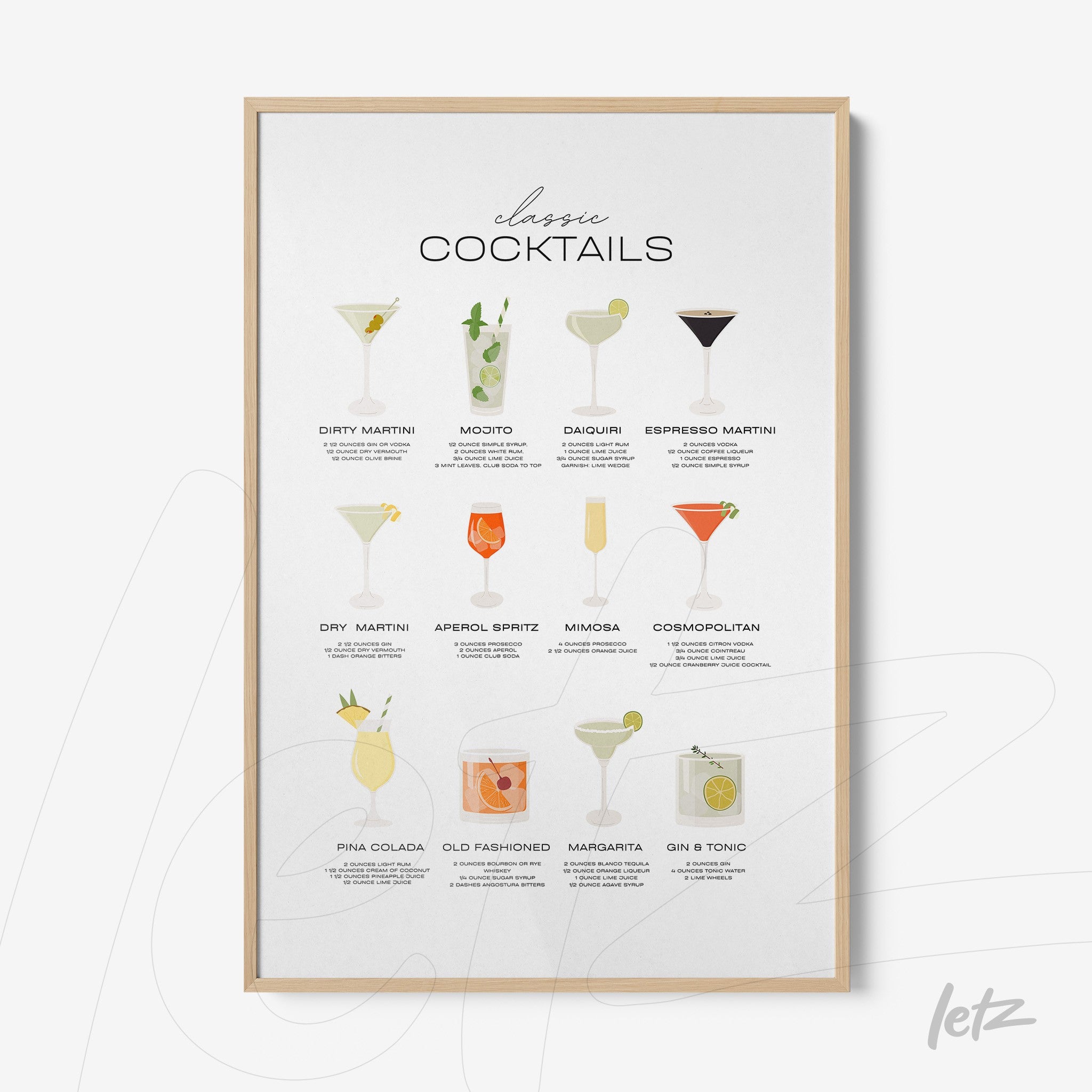 quadro com ilustrações de drinks clássicos, moldura de madeira clara e fundo branco