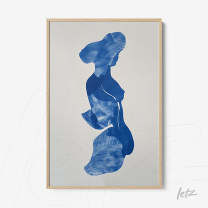 quadro com arte abstrata em azul de uma silhueta feminina em moldura clara de madeira