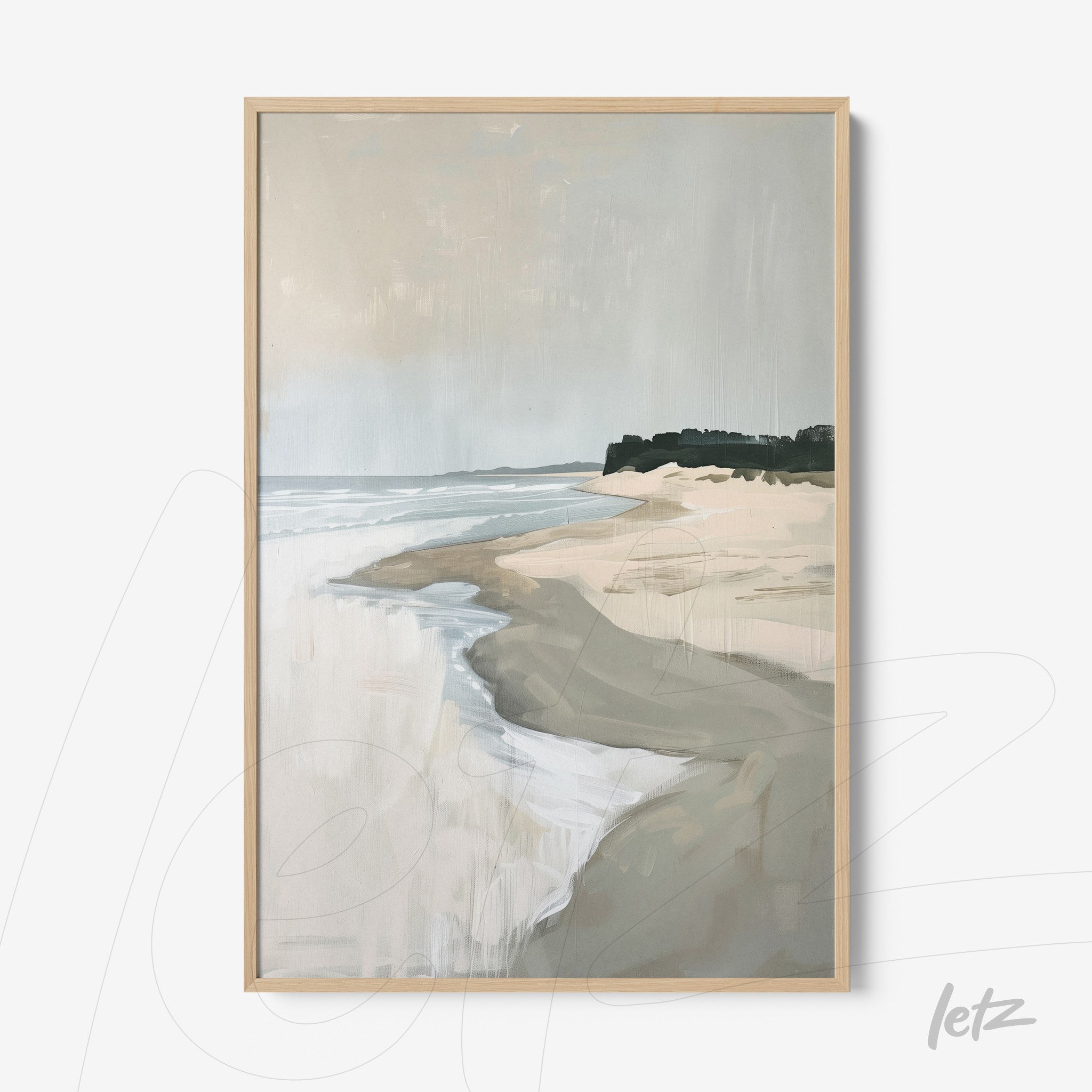 quadro com arte abstrata de paisagem de praia em moldura de madeira clara