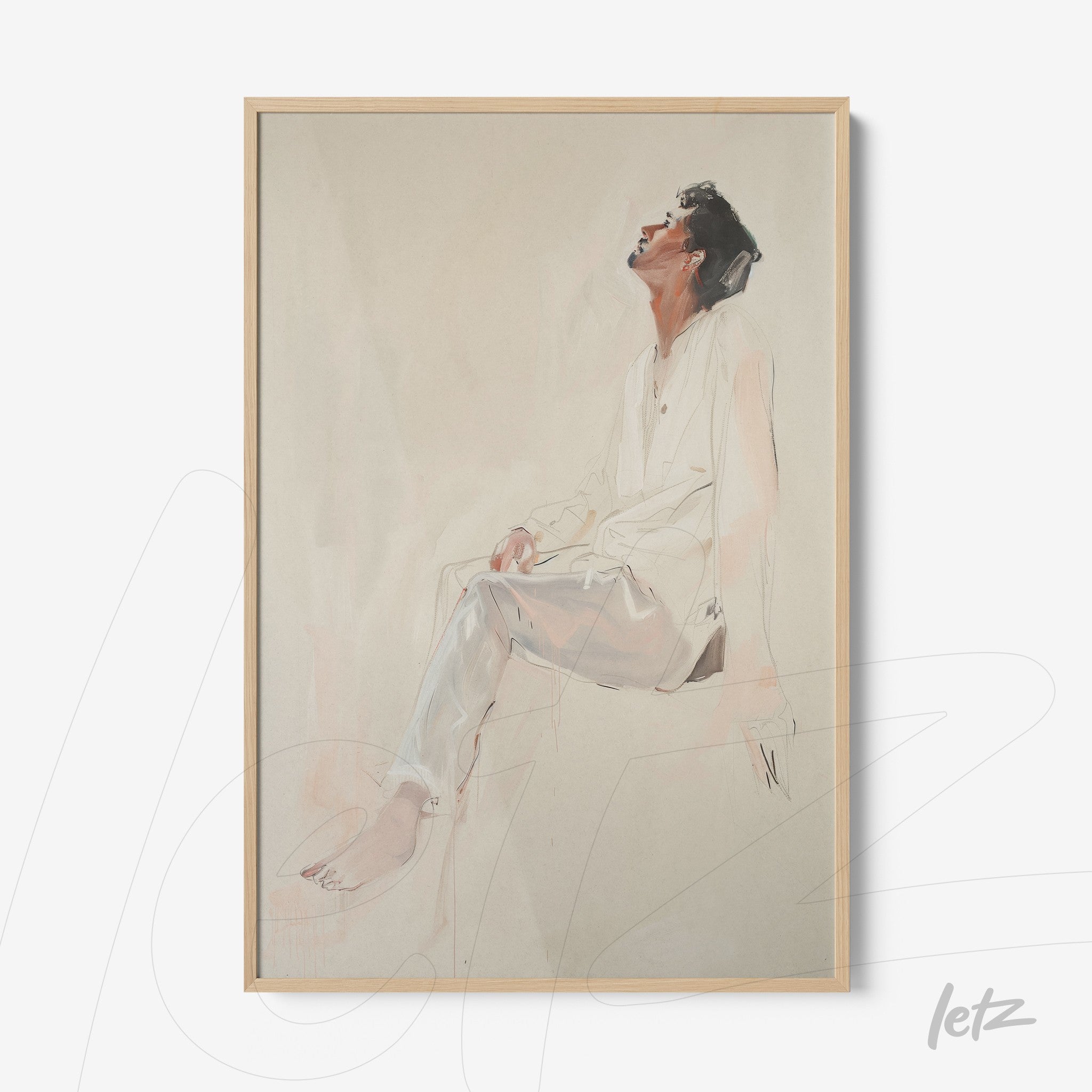 quadro com pintura artística de figura masculina sentada com expressão contemplativa em moldura de madeira clara