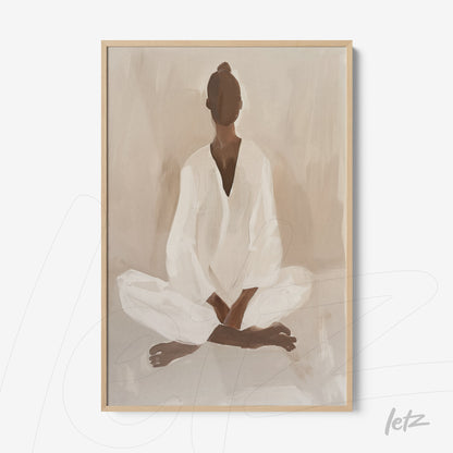 quadro com arte minimalista de figura feminina em posição de meditação, com moldura clara