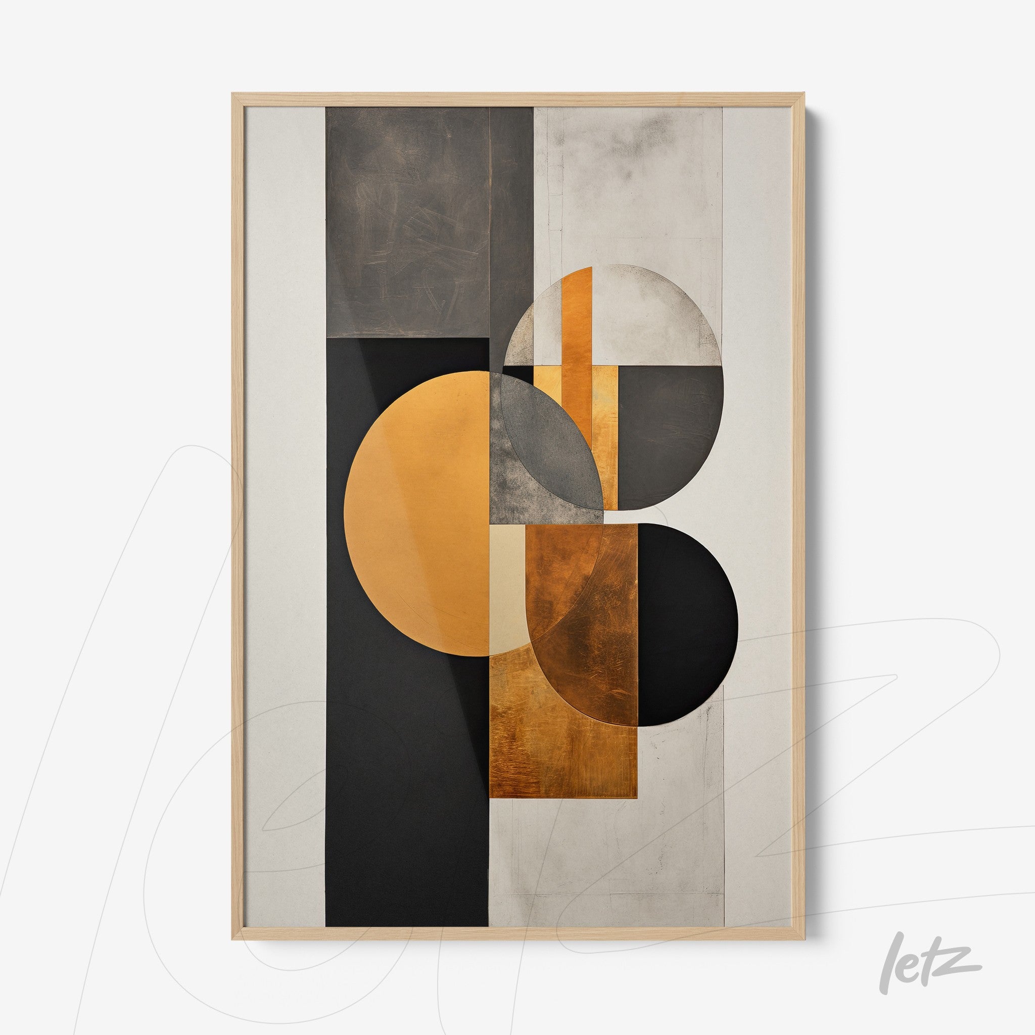 quadro com arte abstrata em tons de preto, cinza e dourado, apresentando formas geométricas como círculos e retângulos, em moldura clara de madeira
