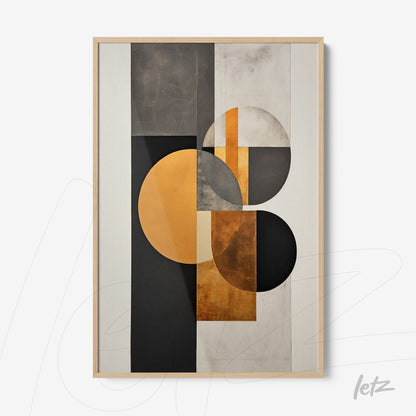 quadro com arte abstrata em tons de preto, cinza e dourado, apresentando formas geométricas como círculos e retângulos, em moldura clara de madeira