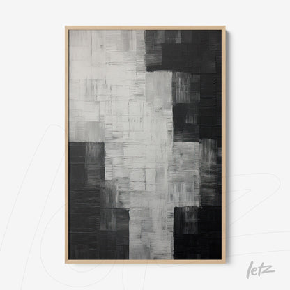 quadro abstracto em preto e branco com textura acentuada em moldura de madeira clara