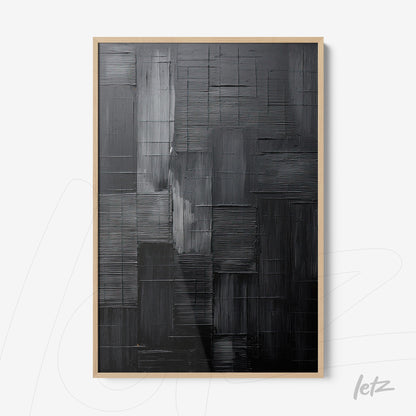 quadro com arte abstrata em tons de preto e cinza com moldura clara