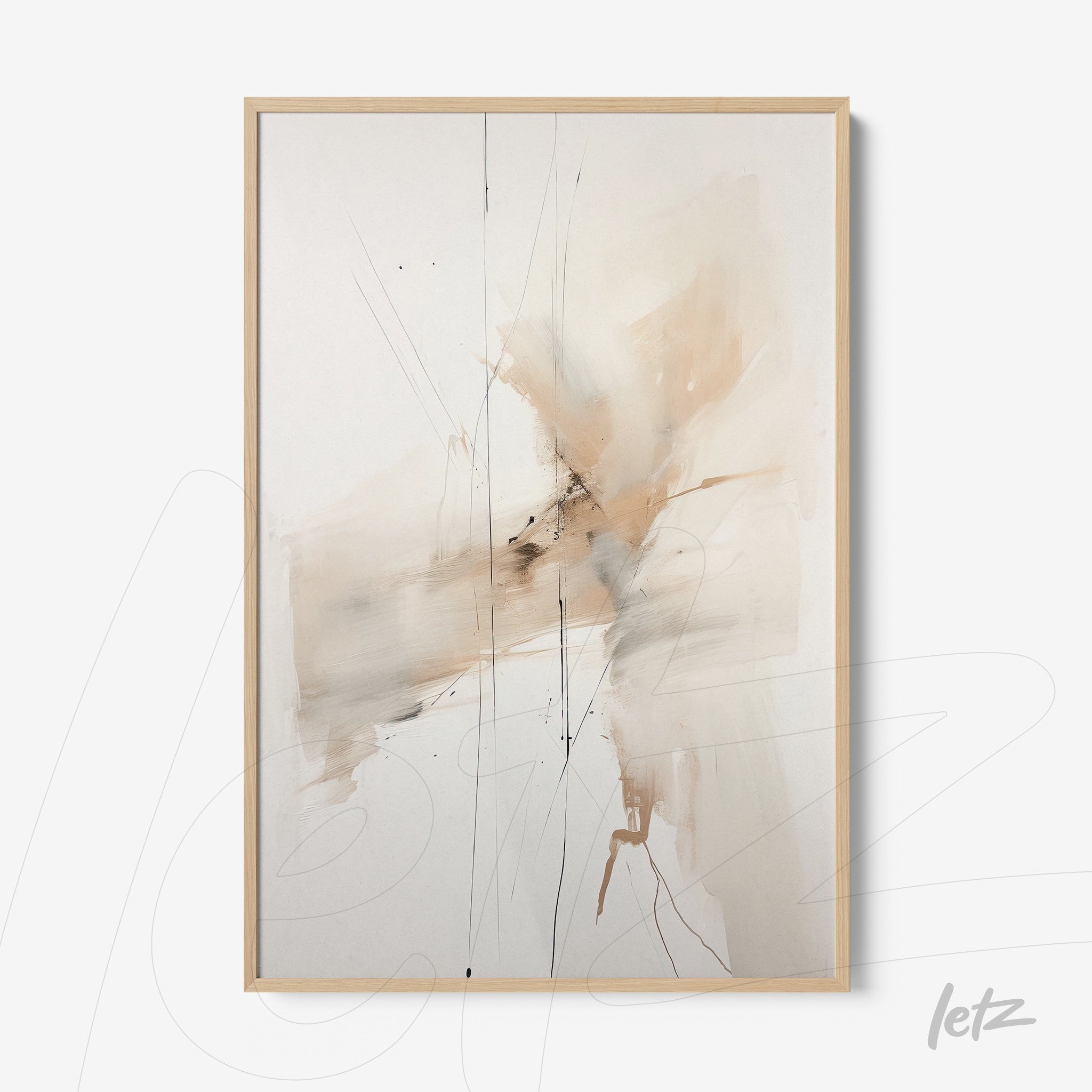 quadro com arte abstrata em tons neutros em moldura de madeira clara