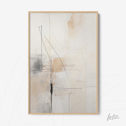 quadro abstrato com formas geométricas em tons neutros e linhas pretas, em moldura de madeira clara