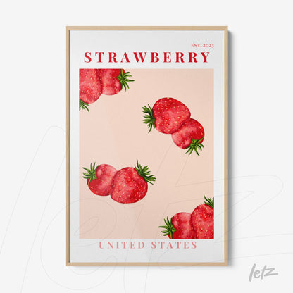 quadro decorativo com ilustrações de morangos sobre fundo rosa, moldura de madeira clara