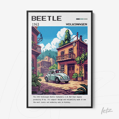 quadro com arte retrô do carro Volkswagen Beetle de 1963 em moldura preta