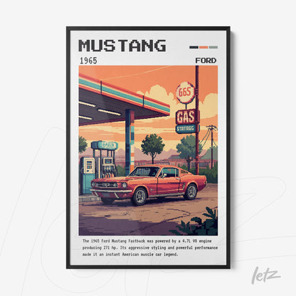quadro com arte pixelada de um carro Ford Mustang 1965 em frente a um posto de gasolina com uma palete de cores vibrantes