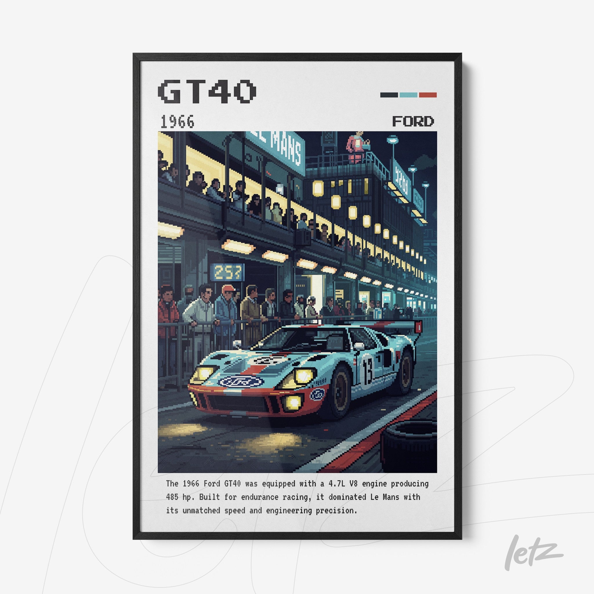 quadro com arte digital do carro Ford GT40 em ambiente de corrida noturna, moldura preta
