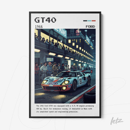 quadro com arte digital do carro Ford GT40 em ambiente de corrida noturna, moldura preta