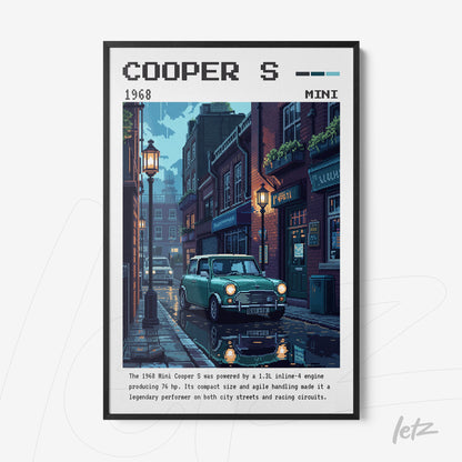 quadro com ilustração em pixel art de um carro Mini Cooper S em rua urbana à noite, moldura preta